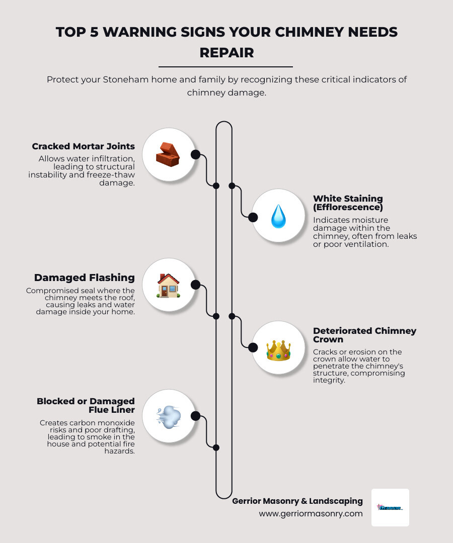 Infographic showing the top 5 warning signs your Stoneham chimney needs immediate professional attention: cracked mortar joints allowing water infiltration, white staining indicating moisture damage, damaged flashing causing roof leaks, deteriorated chimney crown compromising structural integrity, and blocked or damaged flue liner creating carbon monoxide risks - Chimney repair Stoneham infographic infographic-line-5-steps-neat_beige