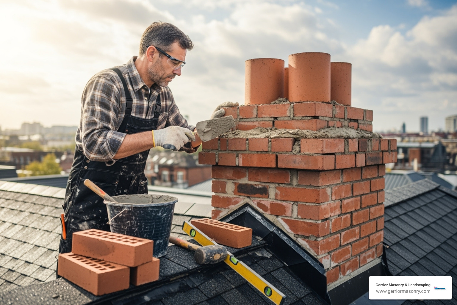 professional mason working on a chimney - Chimney repair Stoneham