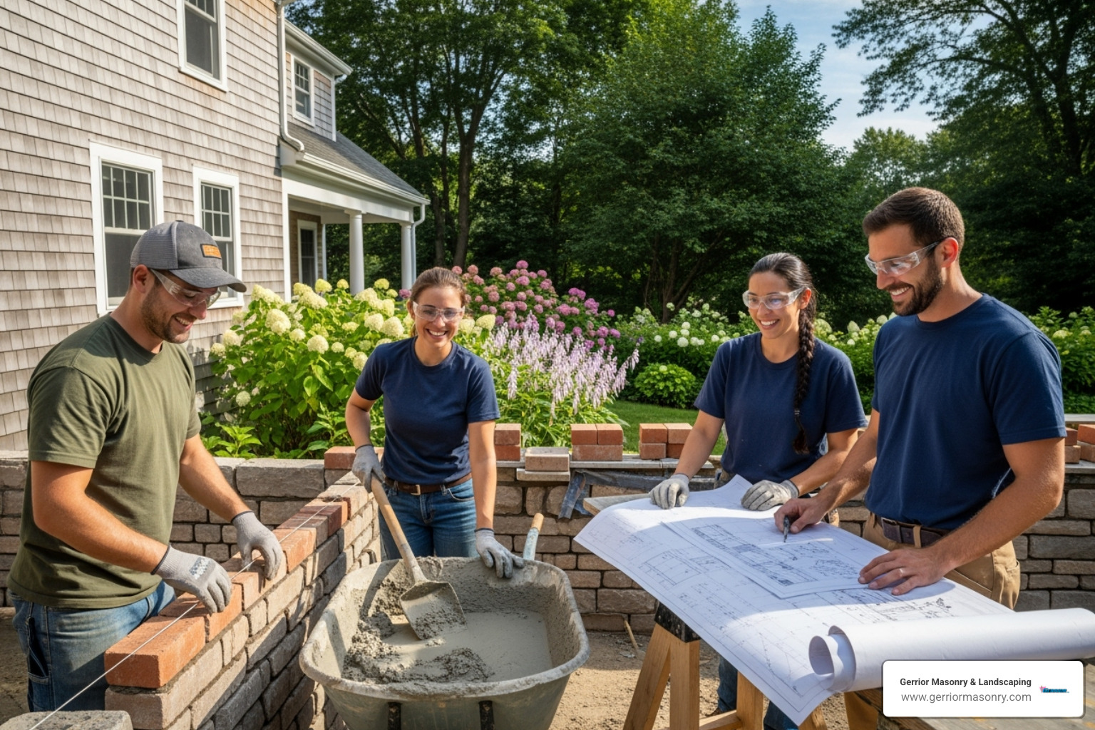 A friendly masonry team smiling and working together on a local residential project in Stoneham, MA, with a well-maintained garden in the background. - Masonry contractor Stoneham