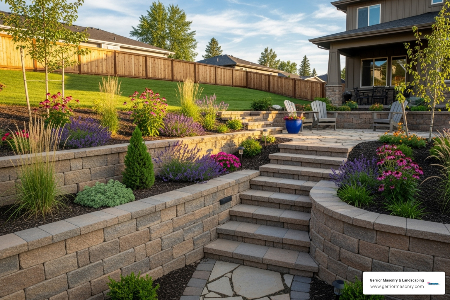 Sloped yard with integrated retaining wall blocks and steps - Steps and walkways Sloped yard with integrated retaining wall blocks and steps - Steps and walkways