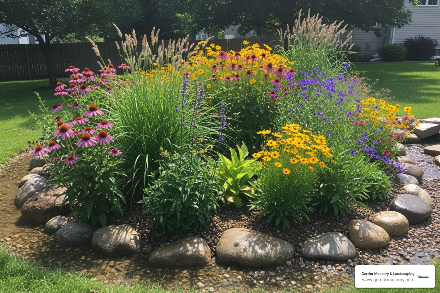 Rain garden with colorful plants - fixing pooling water in yard
