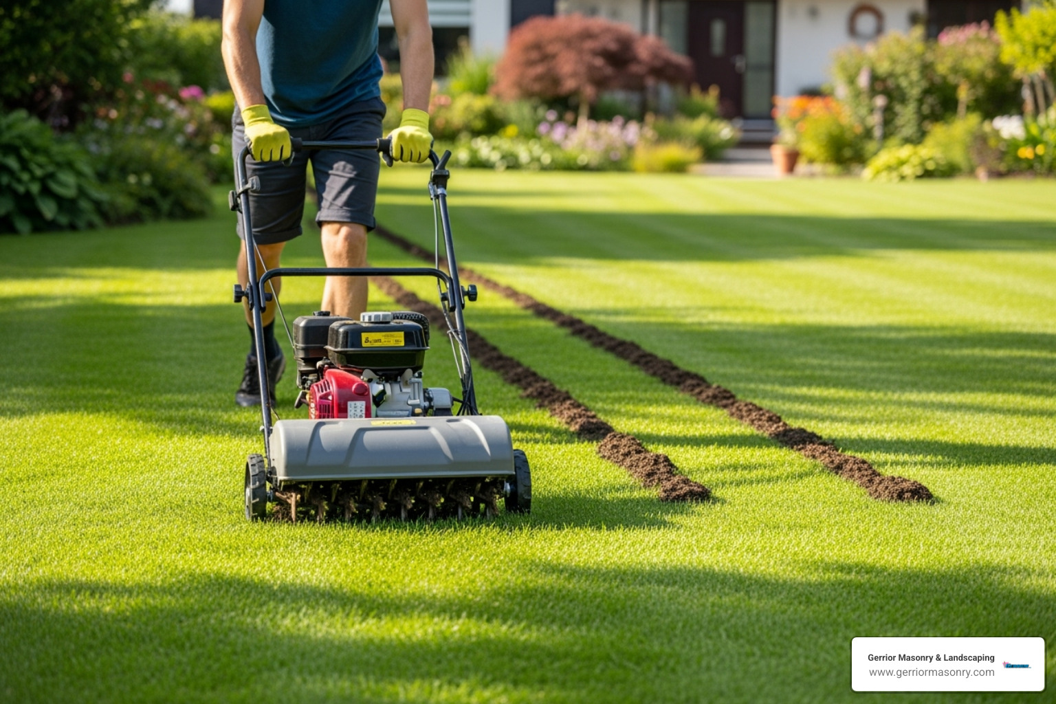 person aerating lawn - fixing pooling water in yard