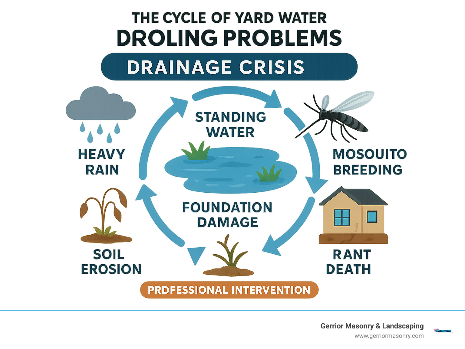 Infographic showing the cycle of yard water pooling problems: heavy rain leads to standing water, which causes mosquito breeding, foundation damage, plant death, and soil erosion, creating an ongoing drainage crisis that requires professional intervention - fixing pooling water in yard infographic 