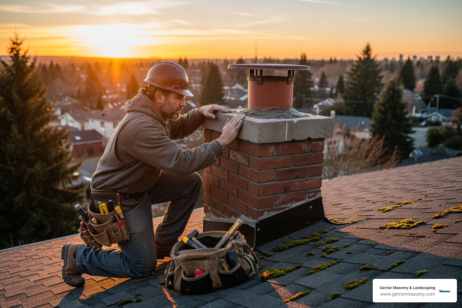 a professional mason inspecting a chimney from the rooftop - Wood burning fireplace