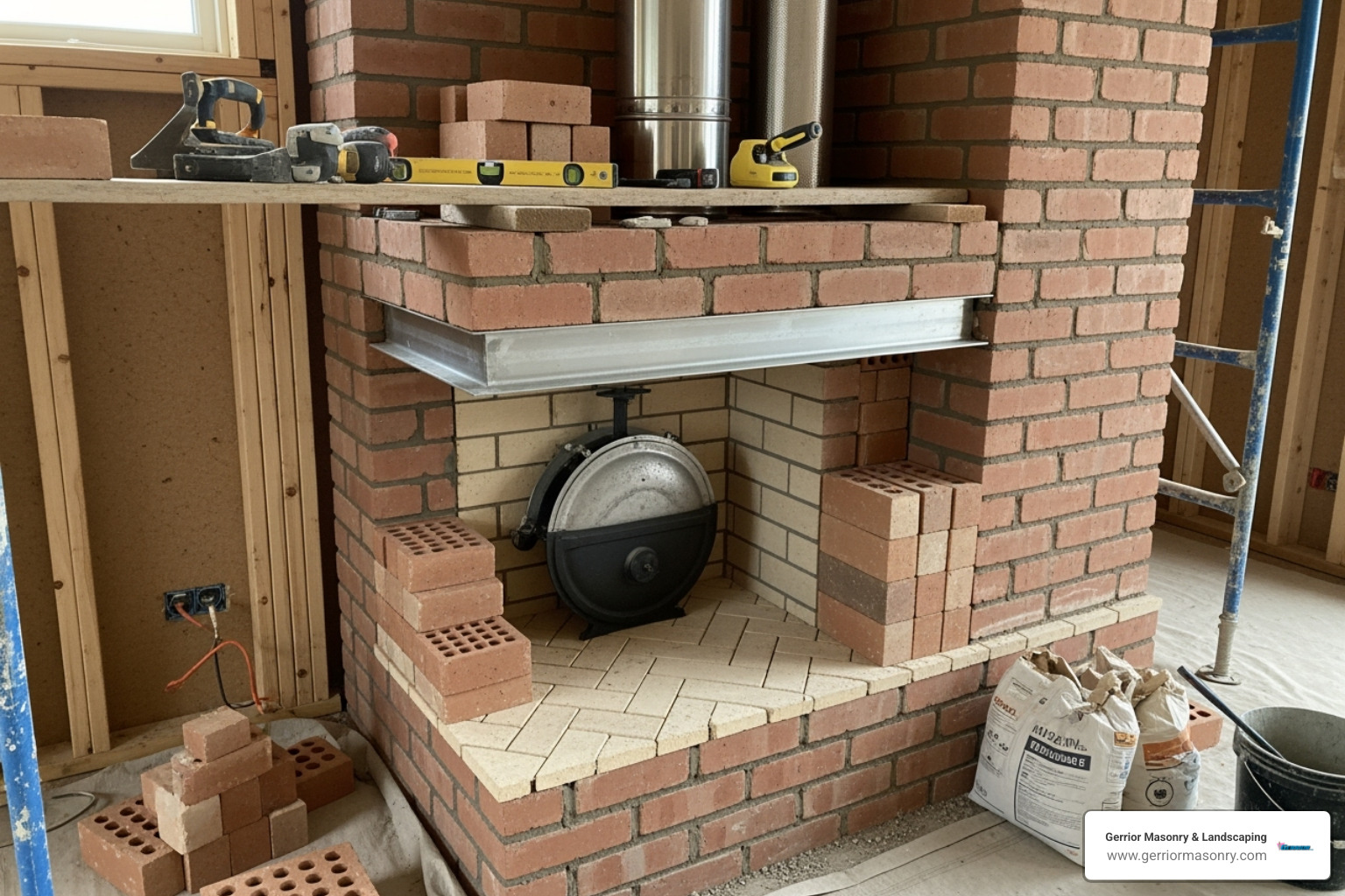 a modern, high-efficiency masonry fireplace being constructed - Wood burning fireplace