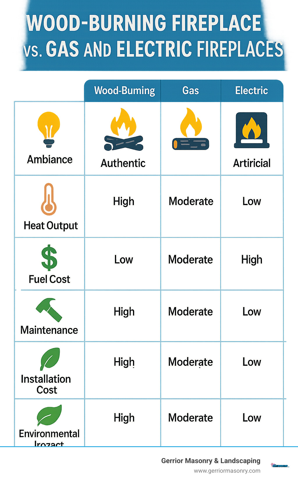 Infographic comparing wood-burning fireplaces to gas and electric fireplaces across ambiance, heat output, fuel cost, maintenance, installation cost, and environmental impact - Wood burning fireplace infographic 