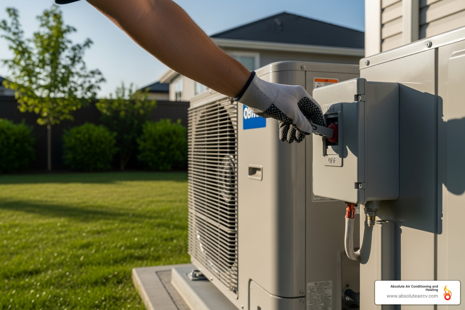 image of a homeowner safely turning off the power to their outdoor unit - heat pump coil cleaning image of a homeowner safely turning off the power to their outdoor unit - heat pump coil cleaning
