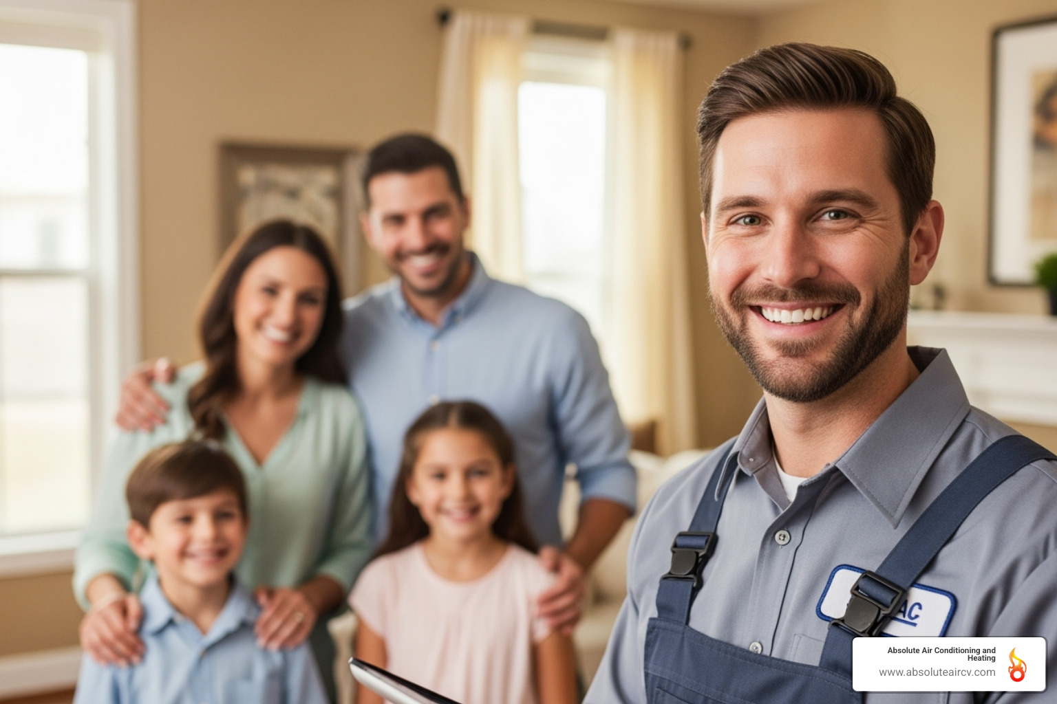 Friendly, professional HVAC technician with a family in the background - HVAC system maintenance