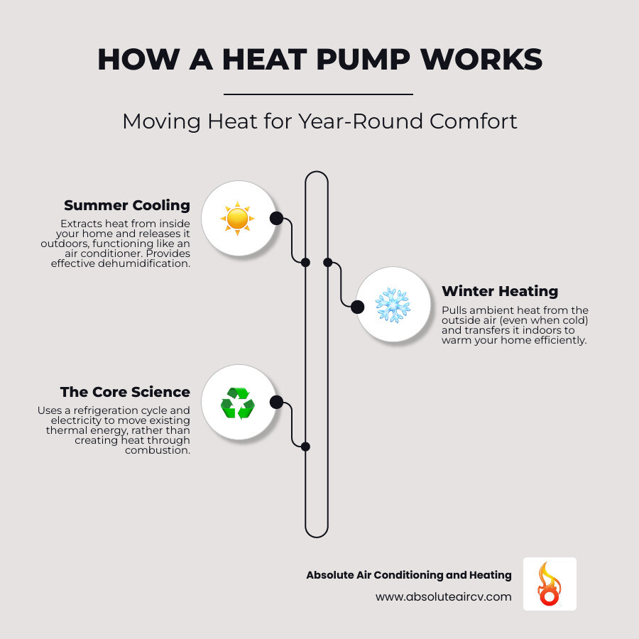 Infographic showing heat pump operation in summer mode extracting heat from inside the home and releasing it outdoors, versus winter mode extracting heat from outside air and bringing it indoors, with arrows indicating heat flow direction and refrigerant cycle components - Heat pump for home infographic infographic-line-3-steps-neat_beige