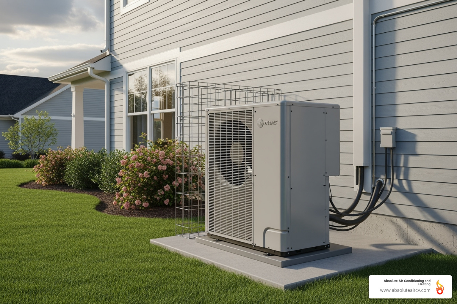 Modern high-efficiency heat pump unit installed on the side of a house - Efficient home heating Modern high-efficiency heat pump unit installed on the side of a house - Efficient home heating