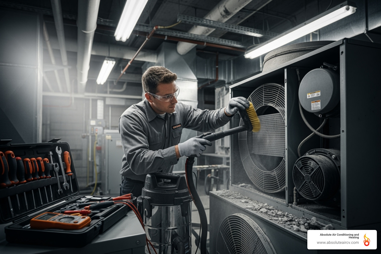 Technician cleaning and inspecting an HVAC system - Efficient home heating Technician cleaning and inspecting an HVAC system - Efficient home heating