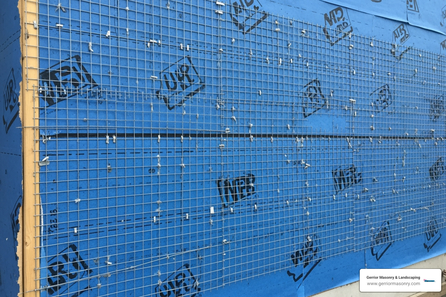 Wall prepared with a weather-resistant barrier and metal lath - Stone veneer installation Wall prepared with a weather-resistant barrier and metal lath - Stone veneer installation