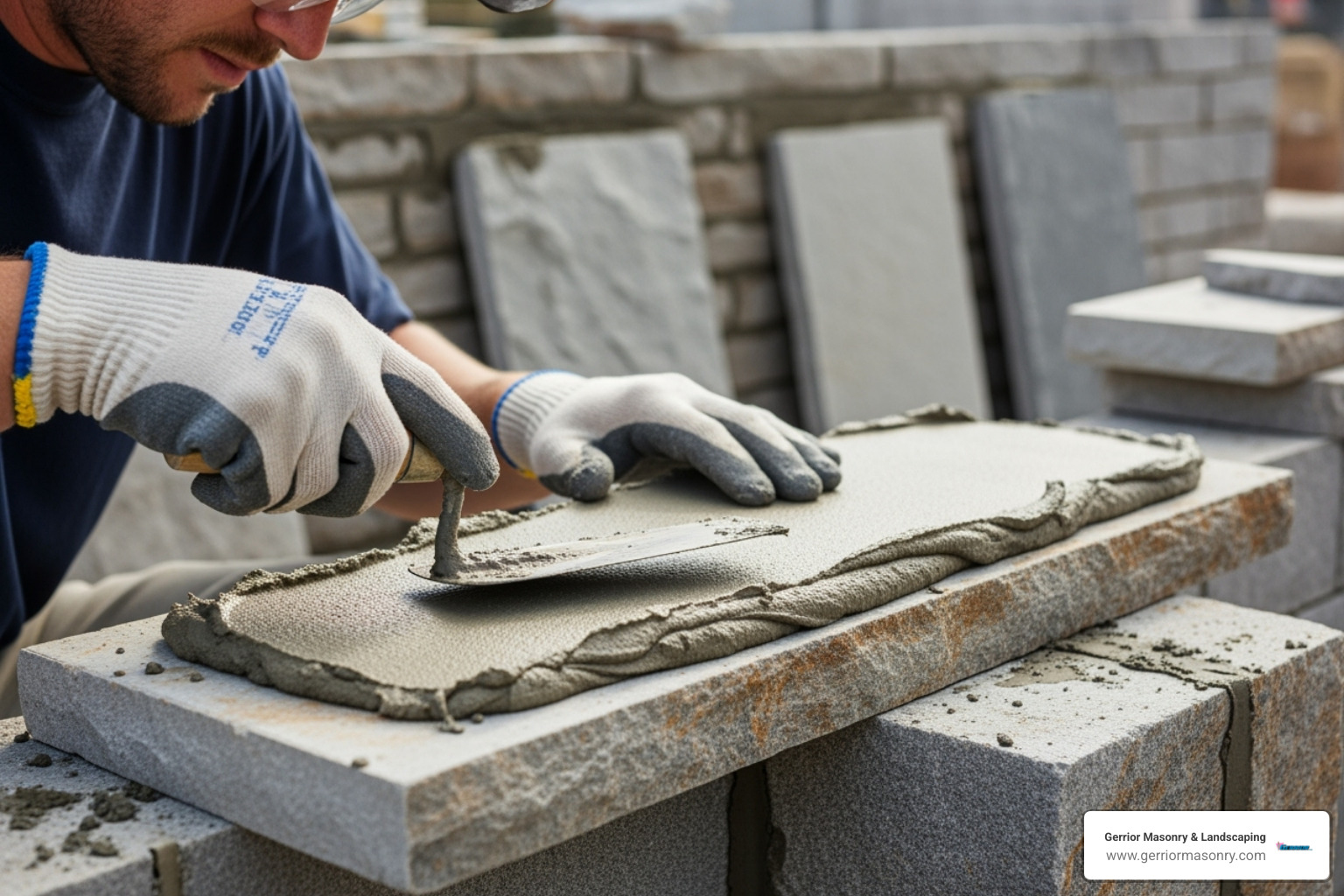 Mason applying mortar to the back of a stone veneer piece - Stone veneer installation Mason applying mortar to the back of a stone veneer piece - Stone veneer installation