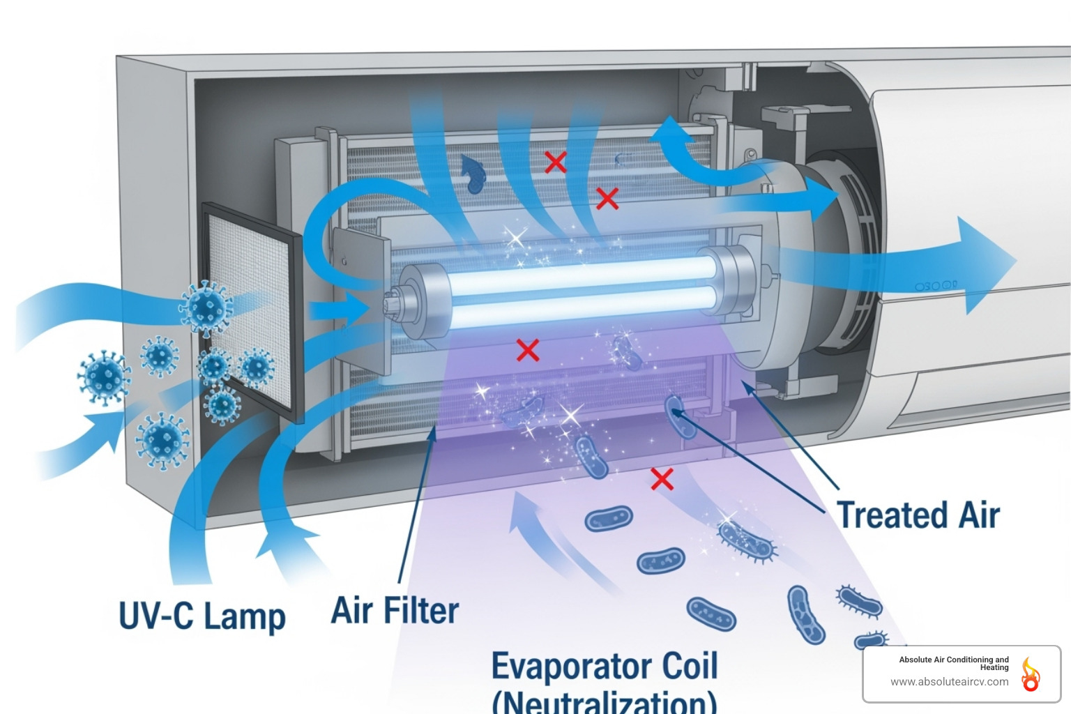 A diagram showing a UV-C lamp inside an HVAC air handler neutralizing viruses and bacteria in the airflow - Air purification system installation