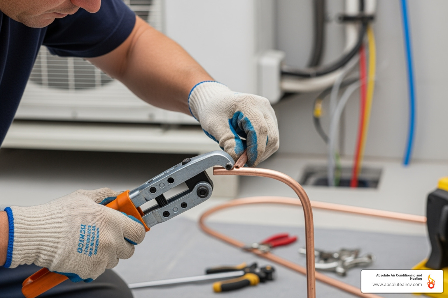 technician carefully bending a soft copper line with a pipe bender - AC refrigerant line installation