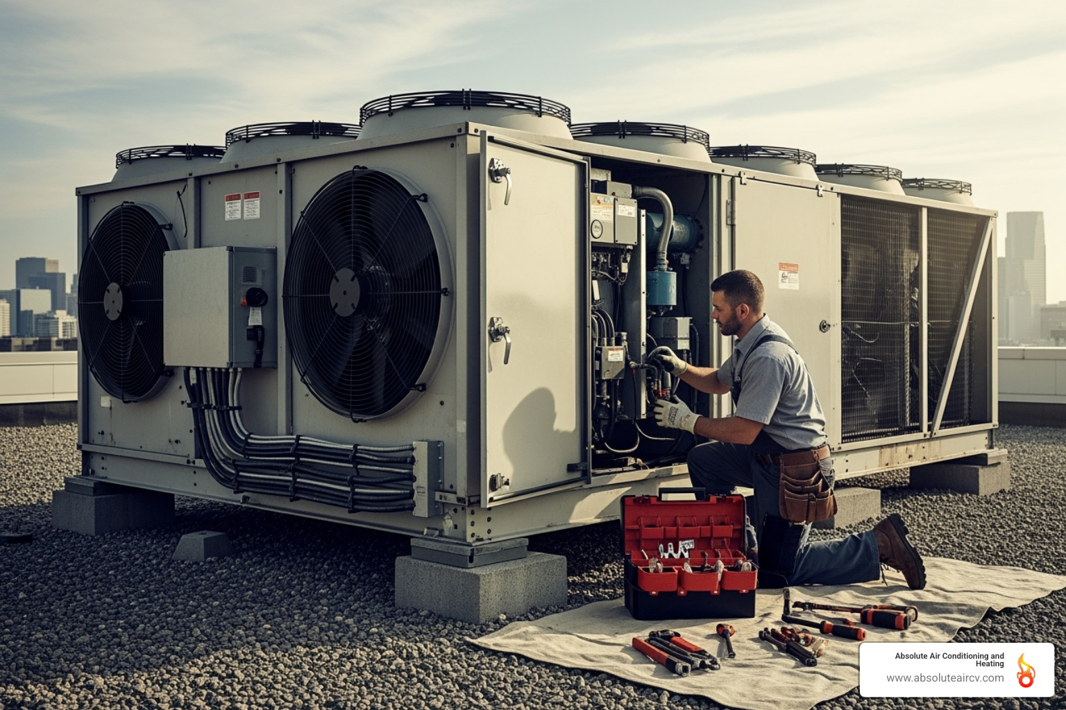 a technician servicing a large commercial rooftop HVAC unit - commercial hvac services