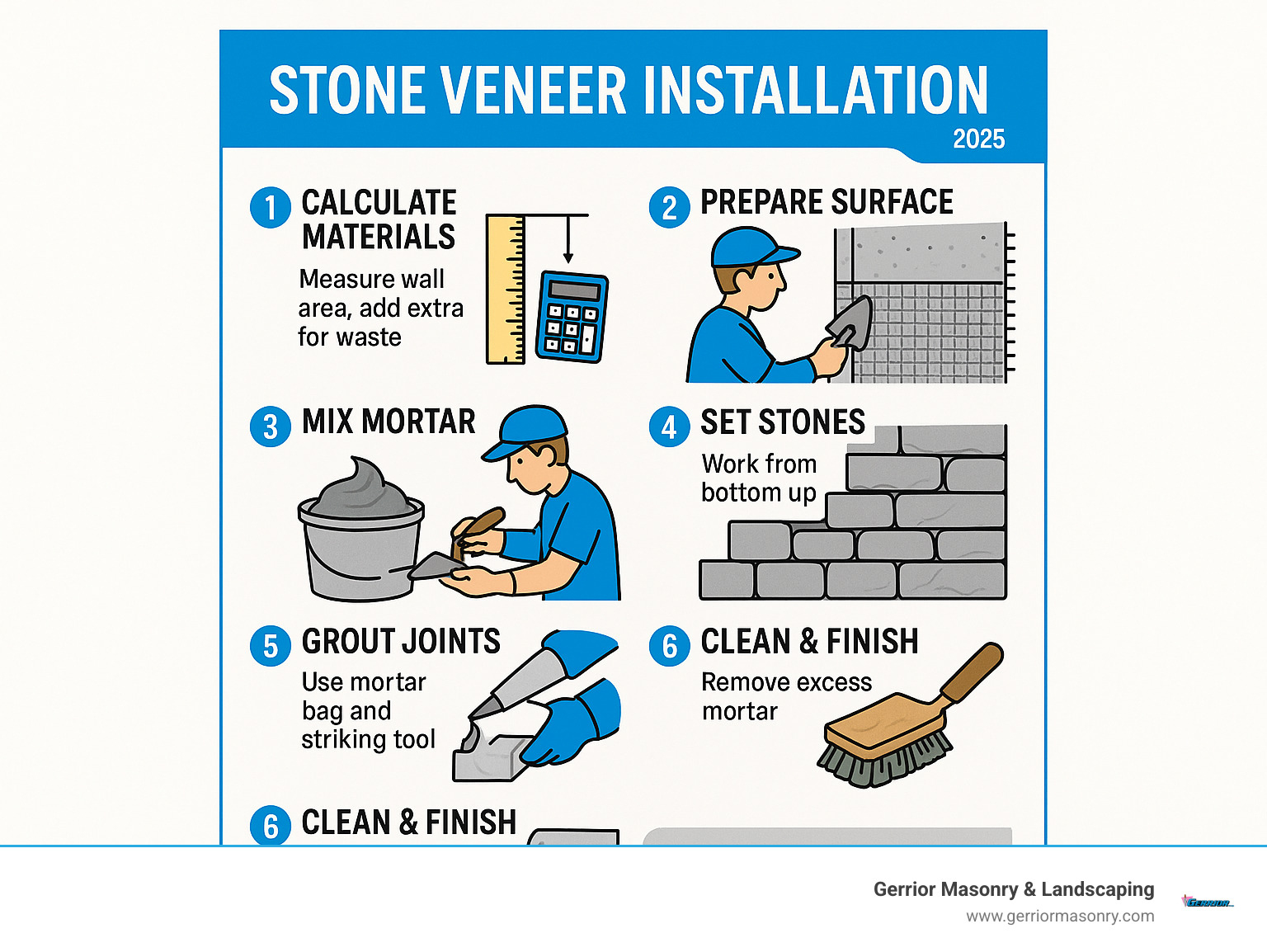 Detailed stone veneer installation process infographic showing the 6 main steps: material calculation with measurement tools, surface preparation with weather barrier and lath, mortar mixing with proper consistency, stone setting technique from bottom up, grouting with specialized tools, and final cleaning steps - Stone veneer installation infographic Detailed stone veneer installation process infographic showing the 6 main steps: material calculation with measurement tools, surface preparation with weather barrier and lath, mortar mixing with proper consistency, stone setting technique from bottom up, grouting with specialized tools, and final cleaning steps - Stone veneer installation infographic