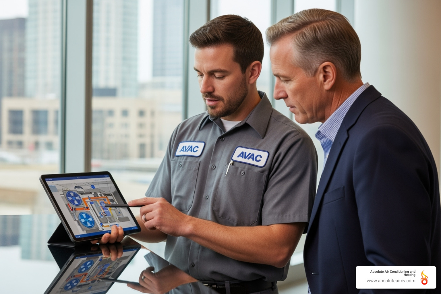 a technician working with a client, both looking at a tablet - commercial hvac services