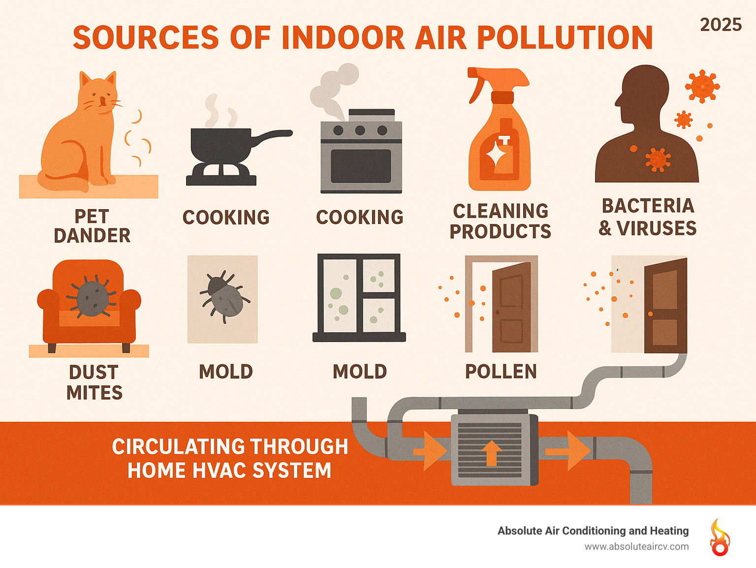 Infographic showing common sources of indoor air pollution including pets shedding dander, cooking vapors and smoke, cleaning product chemicals, dust mites in furniture, mold spores from humidity, pollen entering through windows and doors, and bacteria and viruses from occupants, all circulating through home HVAC system - Air purification system installation infographic 