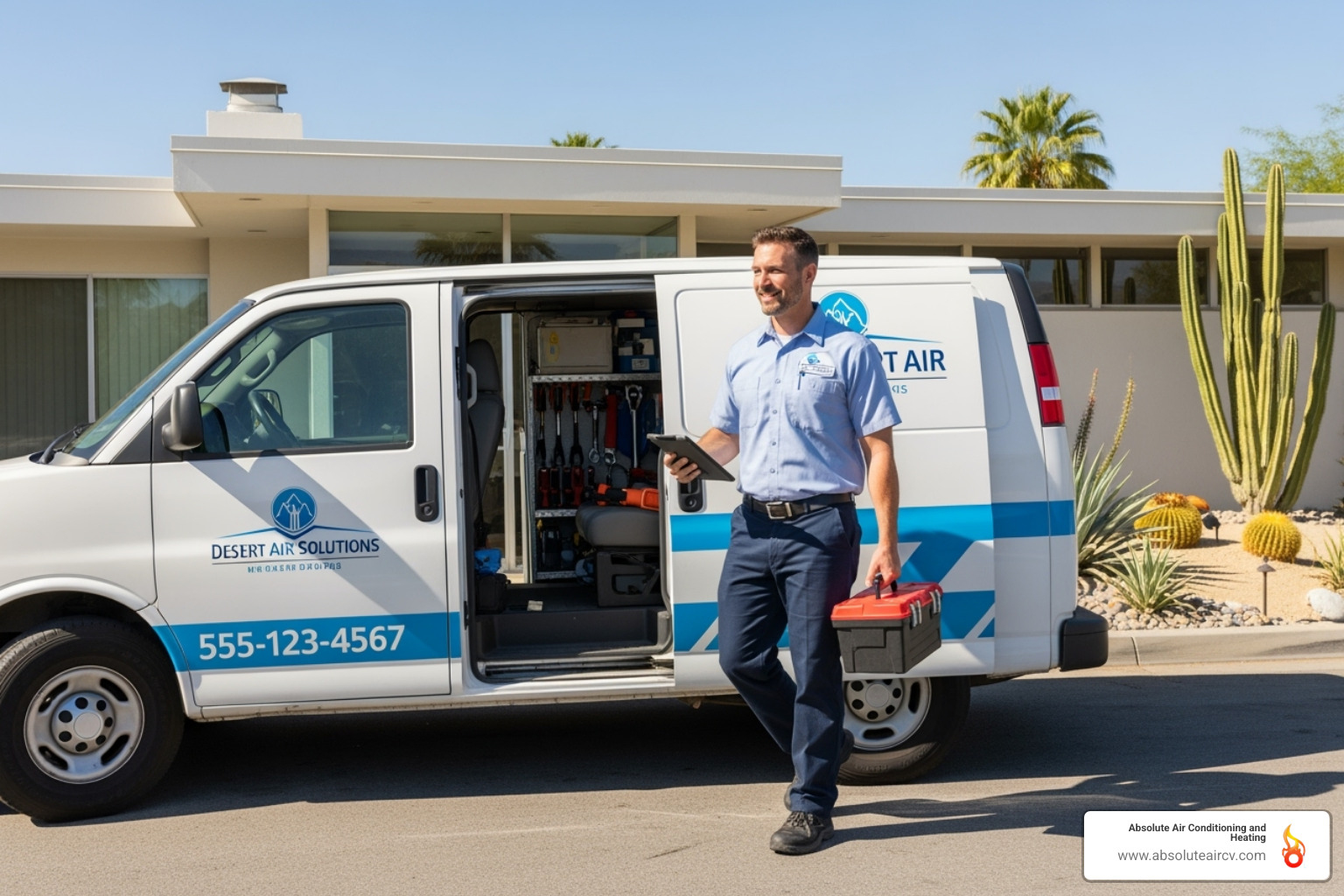 A friendly, professional HVAC technician, dressed in a clean uniform, is arriving at a modern Palm Springs home in a well-maintained service van, ready to assist with an emergency. - emergency hvac service palm springs A friendly, professional HVAC technician, dressed in a clean uniform, is arriving at a modern Palm Springs home in a well-maintained service van, ready to assist with an emergency. - emergency hvac service palm springs
