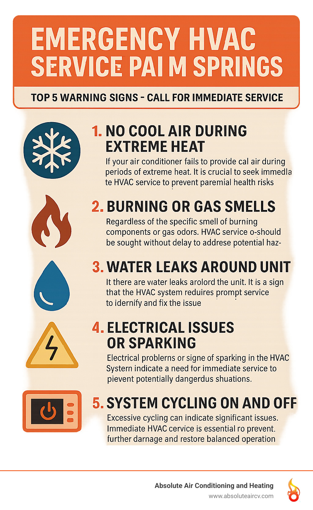Infographic showing the top 5 emergency HVAC warning signs: no cool air in extreme heat, burning or gas smells, water leaks around unit, electrical issues or sparking, and system cycling on and off repeatedly. Each sign includes a simple icon and brief description of when to call for immediate service. - emergency hvac service palm springs infographic  Infographic showing the top 5 emergency HVAC warning signs: no cool air in extreme heat, burning or gas smells, water leaks around unit, electrical issues or sparking, and system cycling on and off repeatedly. Each sign includes a simple icon and brief description of when to call for immediate service. - emergency hvac service palm springs infographic