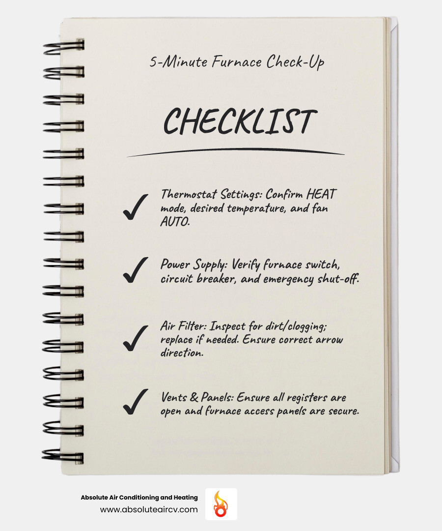 5-minute furnace troubleshooting checklist showing thermostat check, power switch verification, circuit breaker inspection, air filter examination, and furnace panel security check with step-by-step visual guide - Heating system troubleshooting infographic checklist-notebook 5-minute furnace troubleshooting checklist showing thermostat check, power switch verification, circuit breaker inspection, air filter examination, and furnace panel security check with step-by-step visual guide - Heating system troubleshooting infographic checklist-notebook