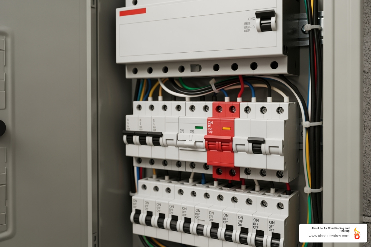 a home electrical panel with a tripped breaker highlighted - Heating system troubleshooting a home electrical panel with a tripped breaker highlighted - Heating system troubleshooting