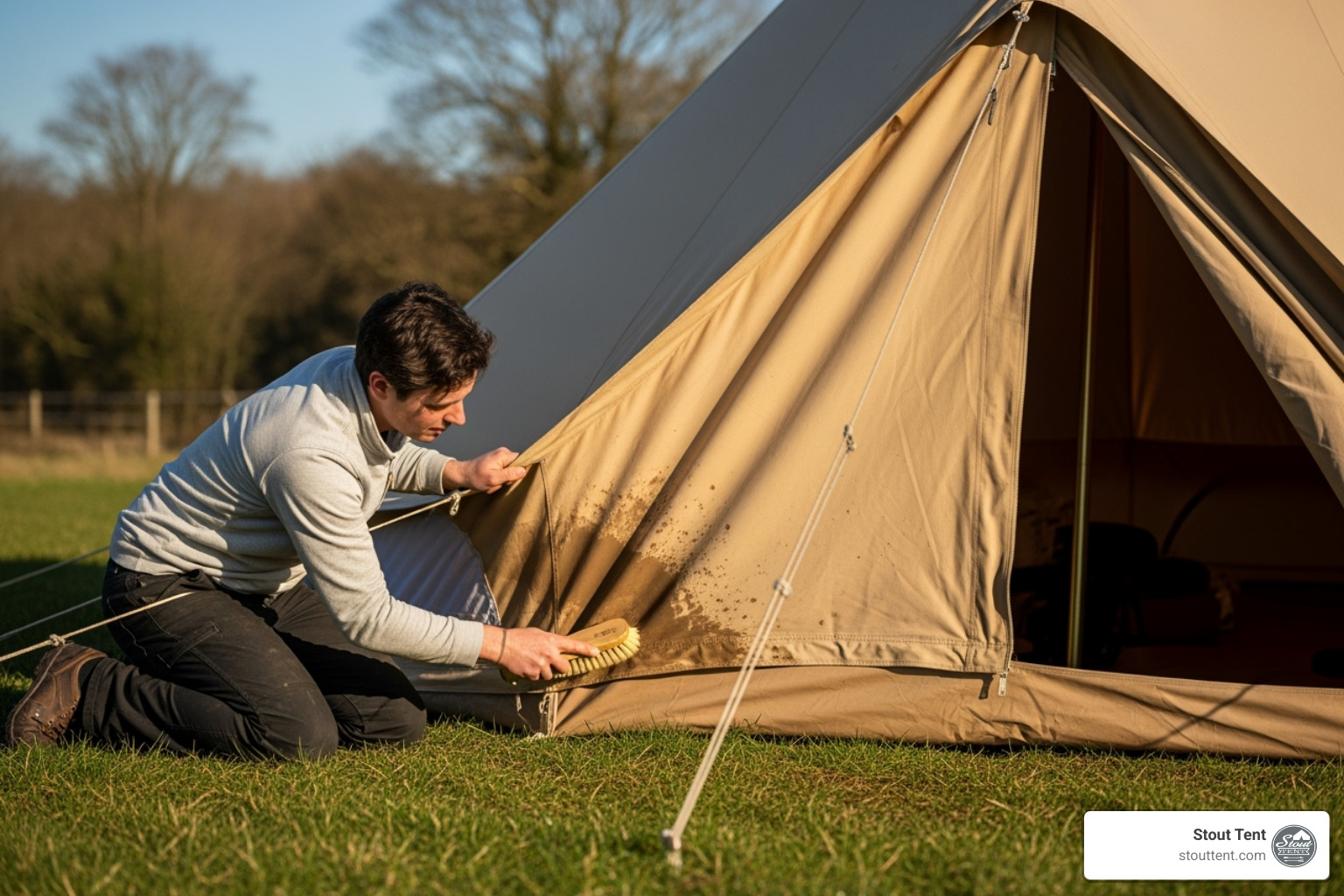 Someone carefully cleaning a canvas bell tent with a soft brush before treatment - Canvas tent waterproofing