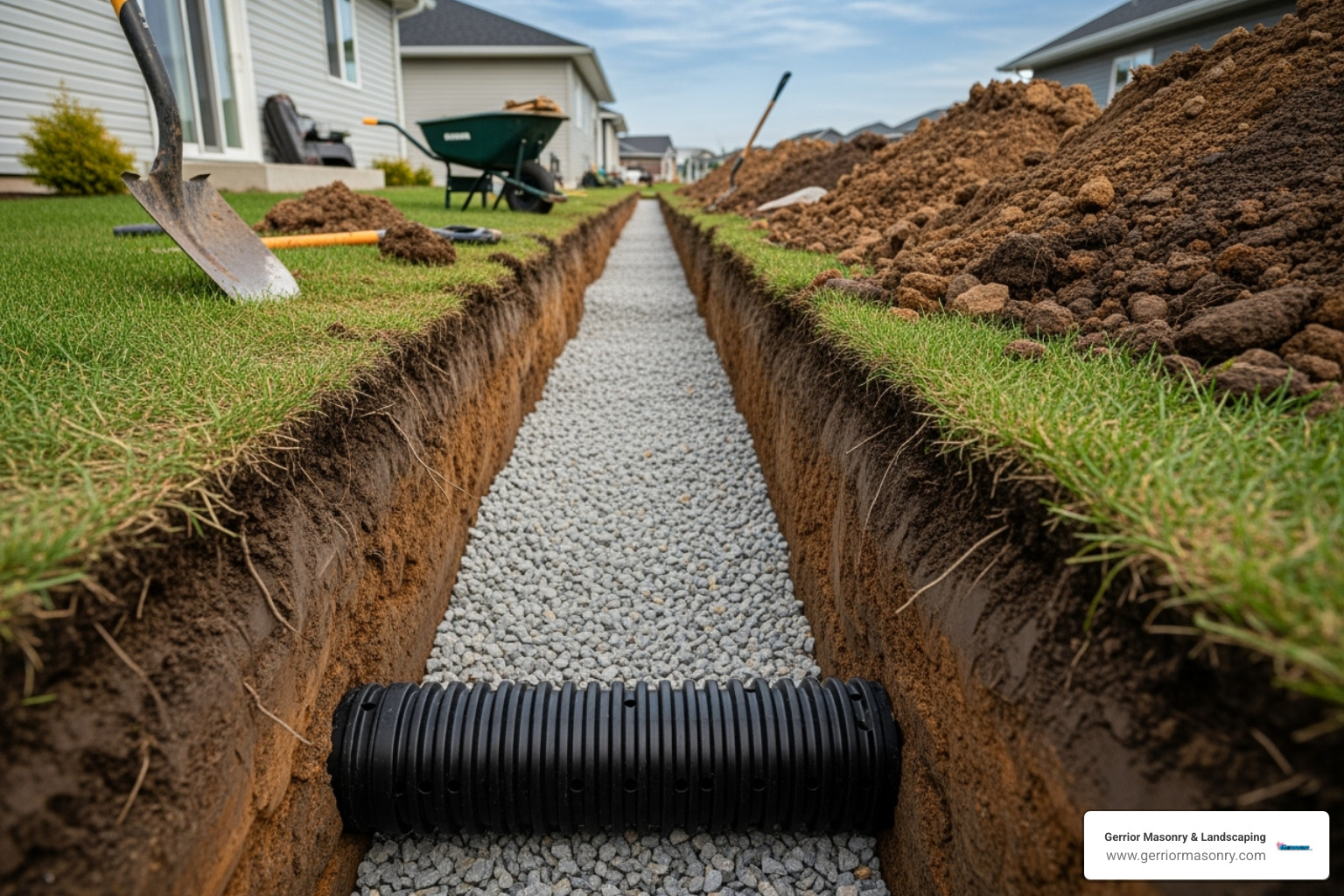 French drain installation in progress with trenches, pipes, and gravel visible - drain for pooling water in yard