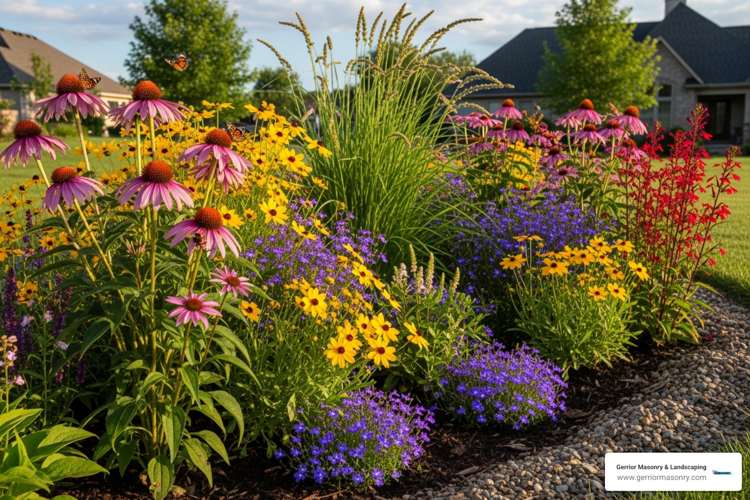 Vibrant rain garden with colorful native plants in bloom, showing a subtle depression in the landscape - drain for pooling water in yard