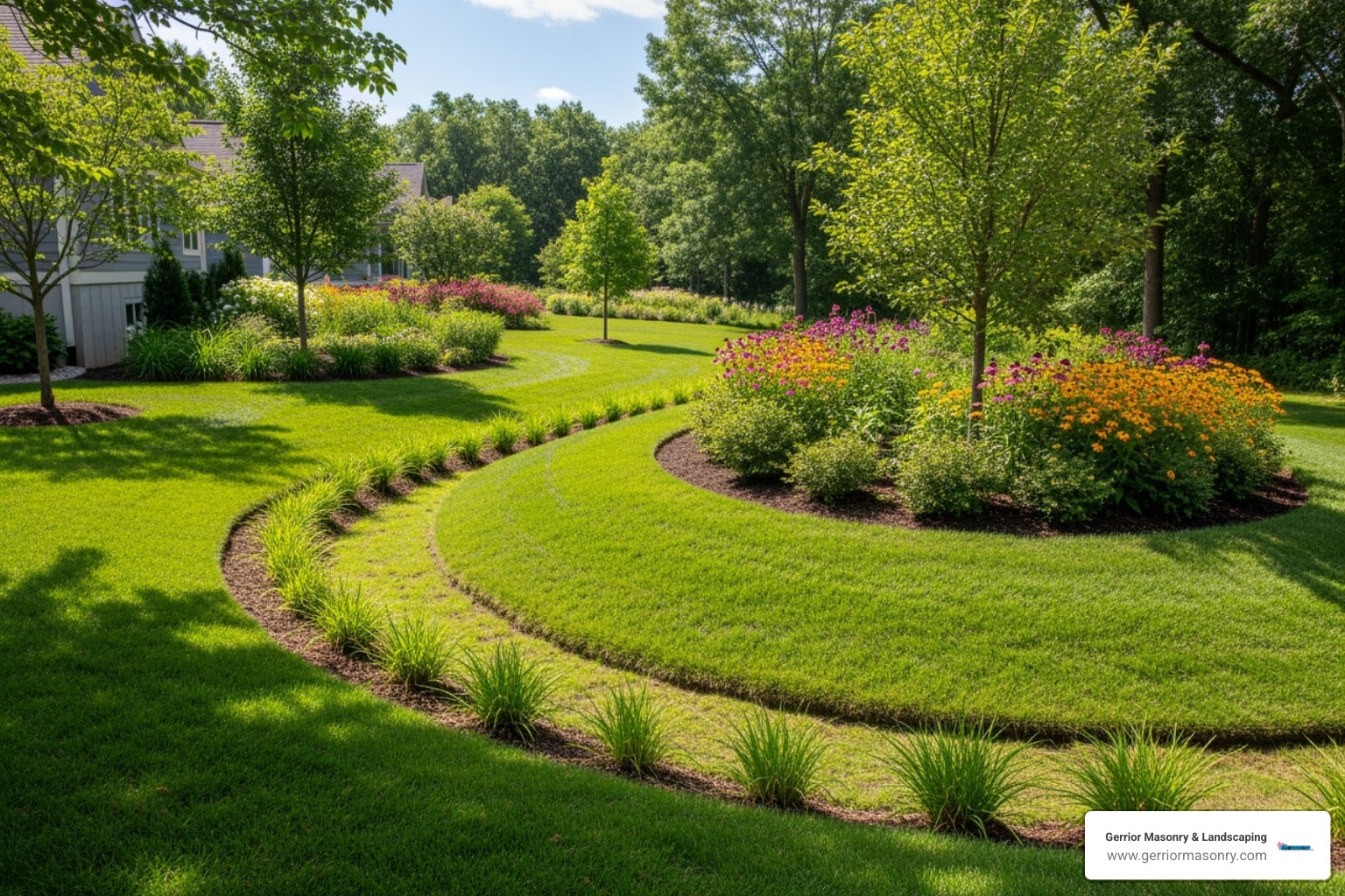 Beautifully landscaped yard with a subtle swale and berm directing water flow away from the house - drain for pooling water in yard