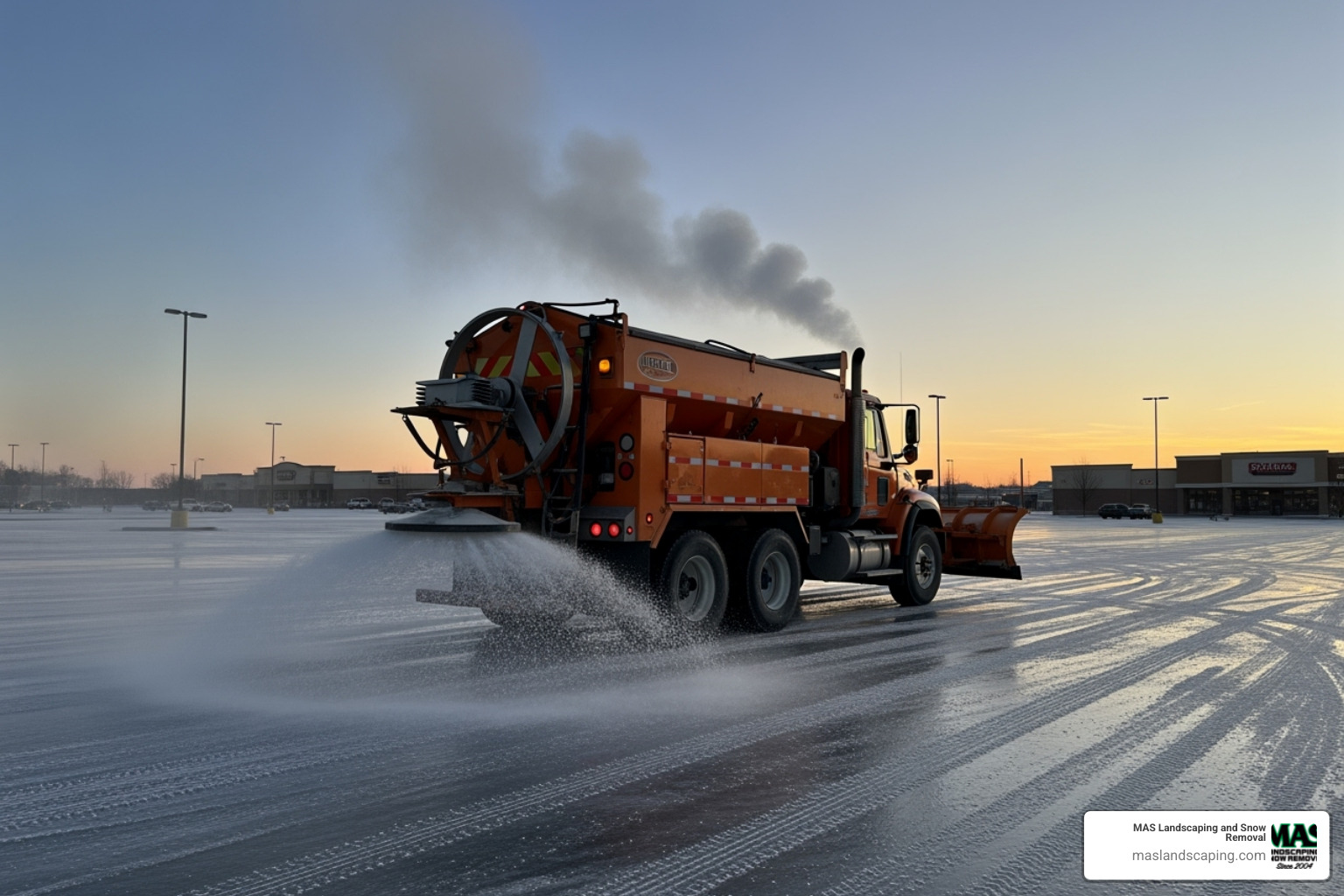 A salt truck treating an icy parking lot at dawn - snow clearing contract