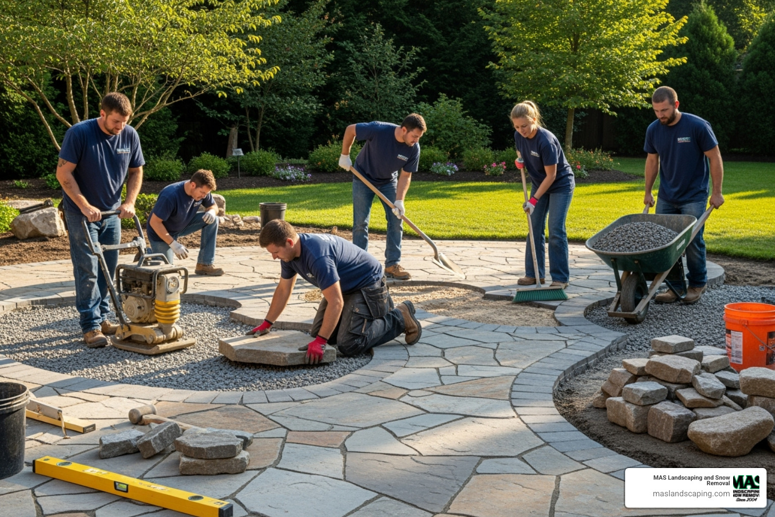 Professional landscaping crew installing a stone patio and walkway - landscapers in my area