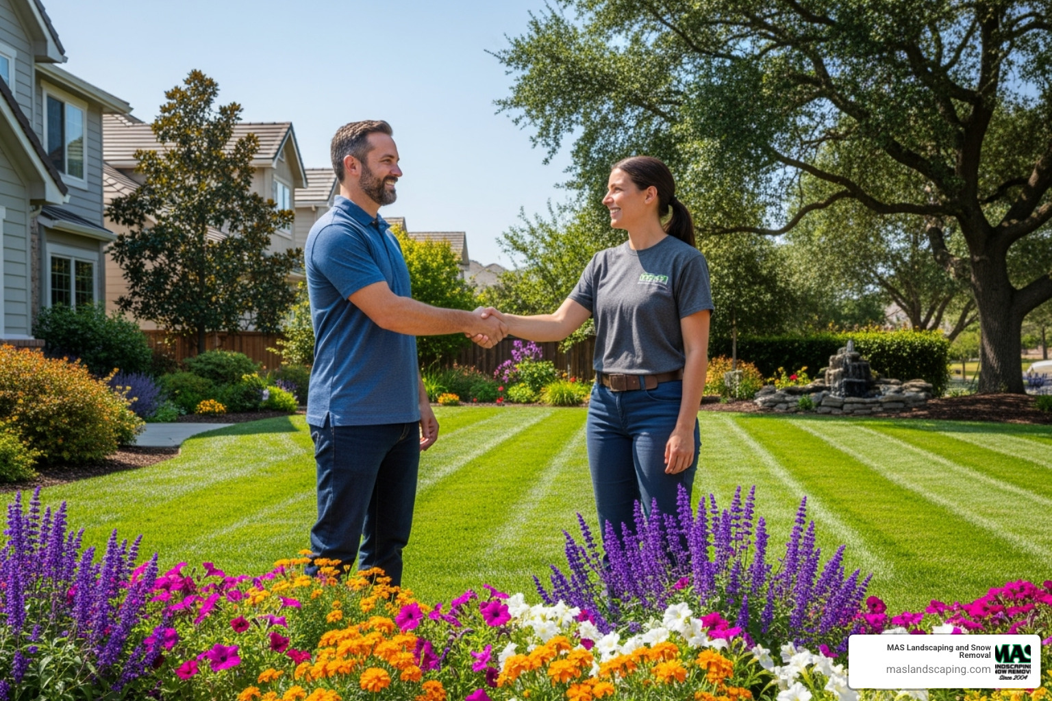 Homeowner smiling and shaking hands with a landscaper in their yard - landscapers in my area