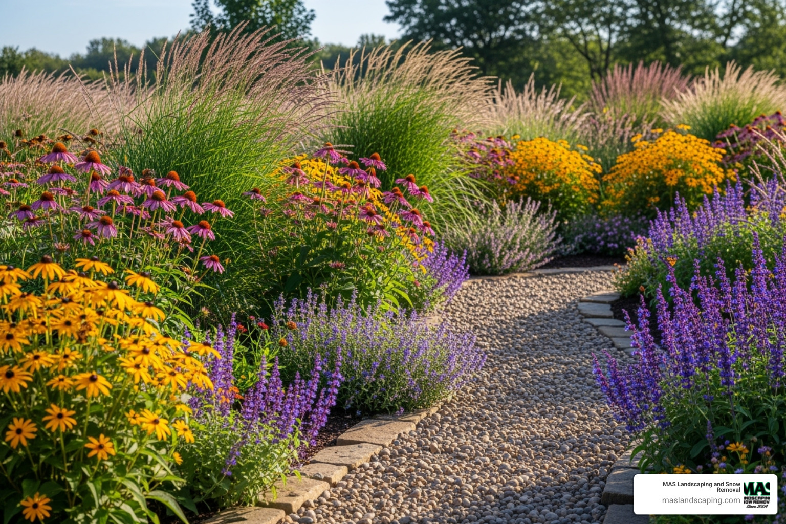 Beautiful, low-maintenance garden featuring native grasses, perennials, and a gravel path - landscapers in my area