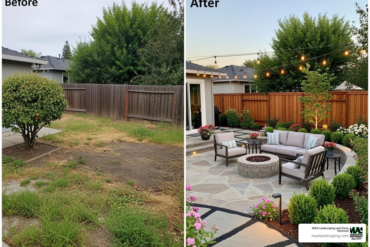 Stunning before-and-after photo of a backyard transformed into an outdoor living space - landscapers in my area