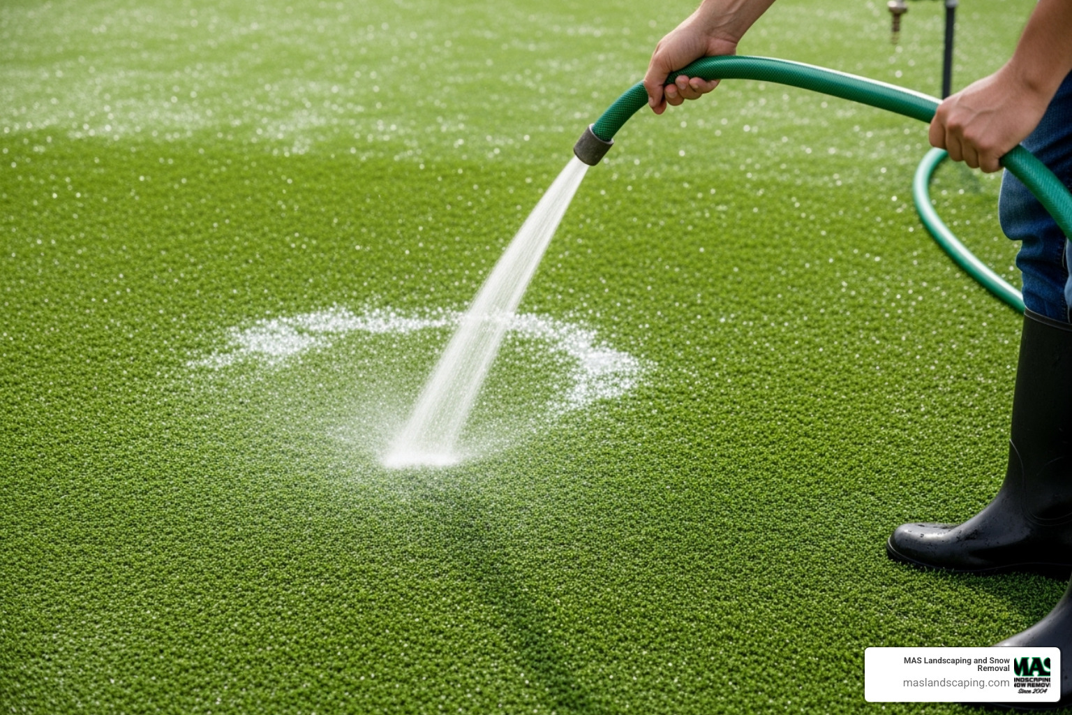person easily cleaning a patch of artificial grass with a hose - best artificial grass for dogs person easily cleaning a patch of artificial grass with a hose - best artificial grass for dogs