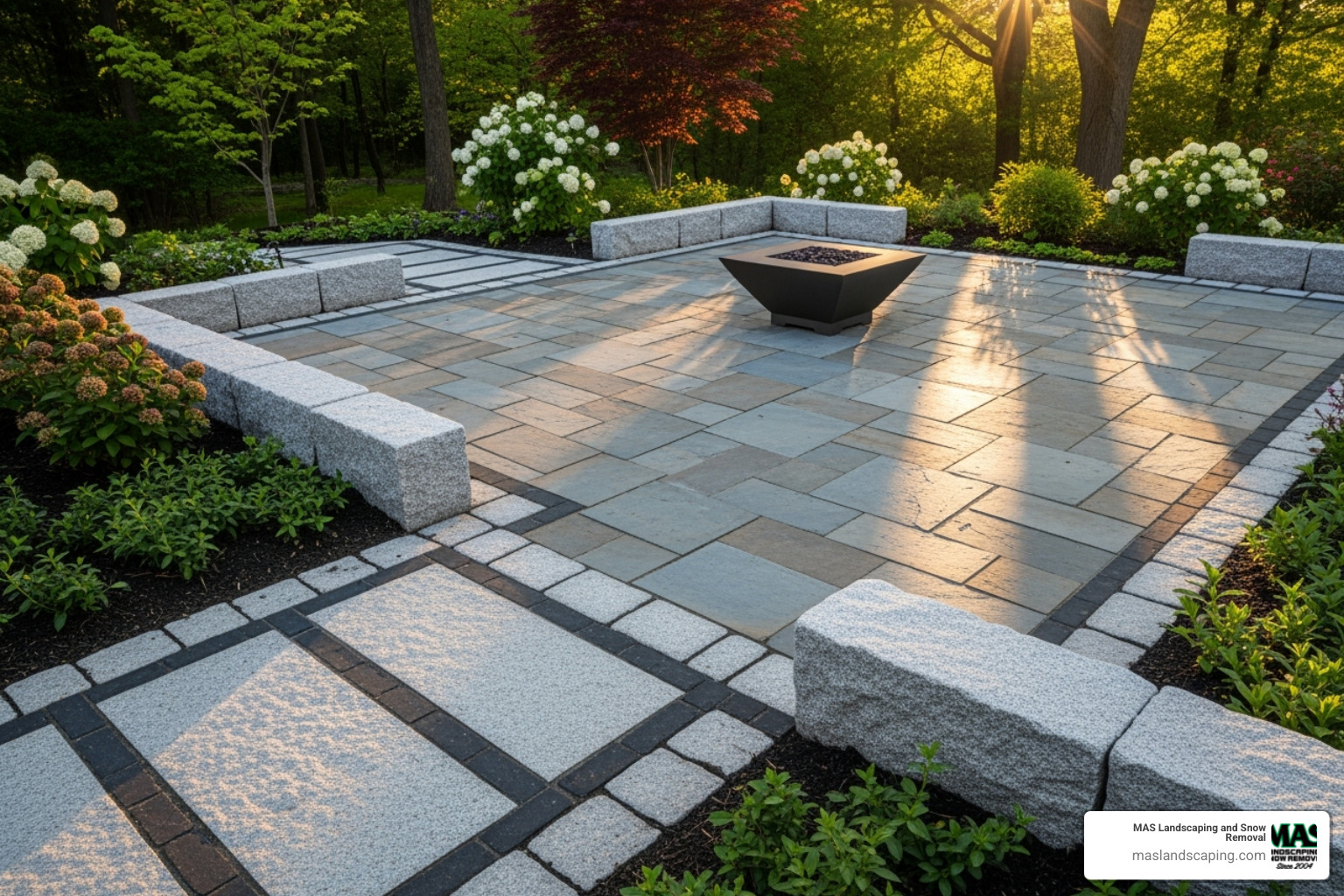 bluestone patio with granite accents - hardscaping services beverly ma