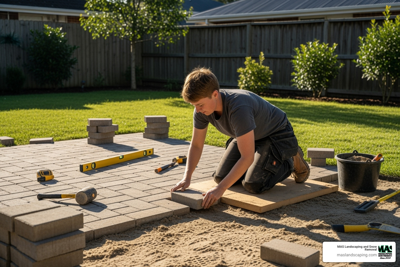 homeowner working on DIY patio - paver patio installation cost homeowner working on DIY patio - paver patio installation cost