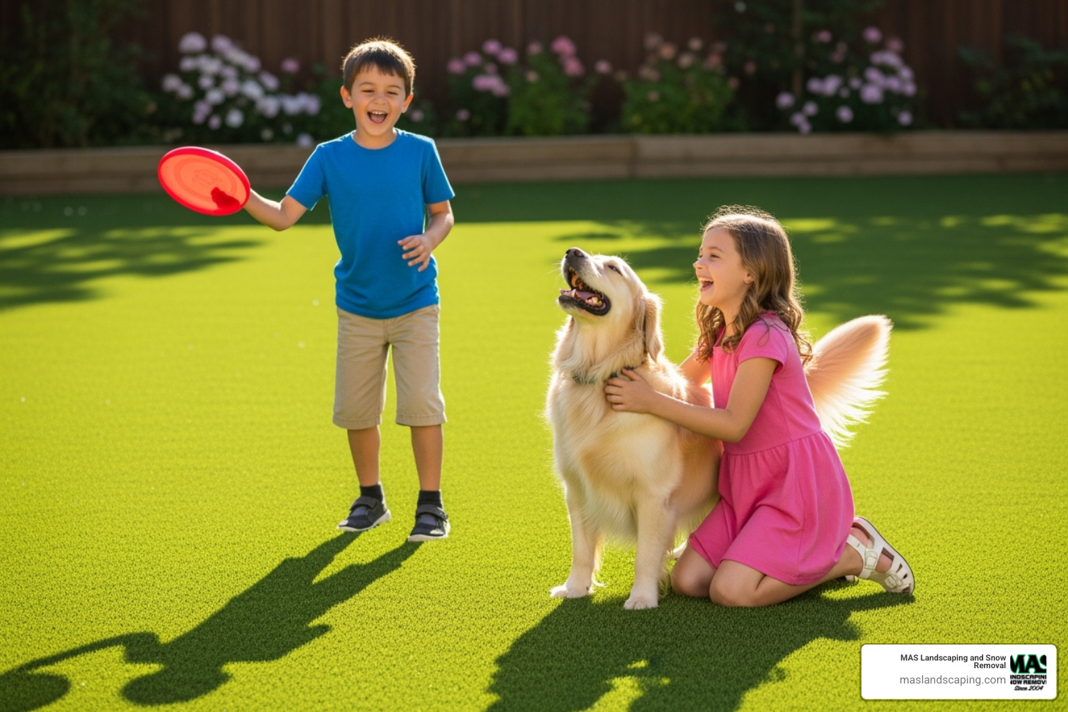 A clean, mud-free artificial lawn with children and a dog playing on it - artifical lawn A clean, mud-free artificial lawn with children and a dog playing on it - artifical lawn