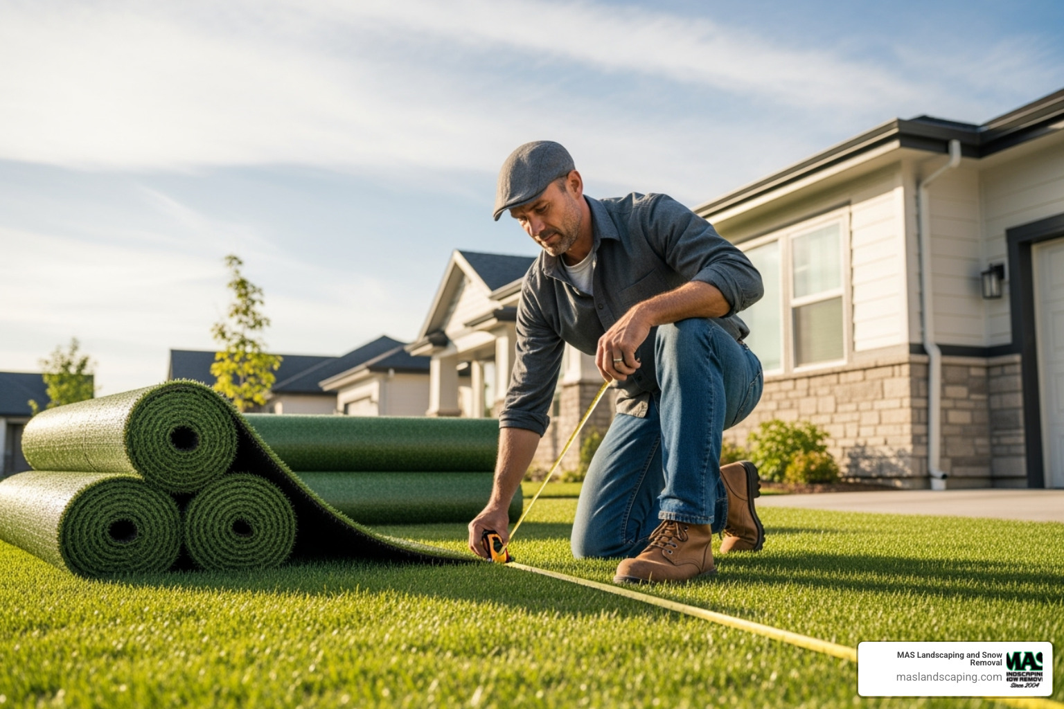 A contractor measuring a yard for artificial grass installation - artifical lawn A contractor measuring a yard for artificial grass installation - artifical lawn