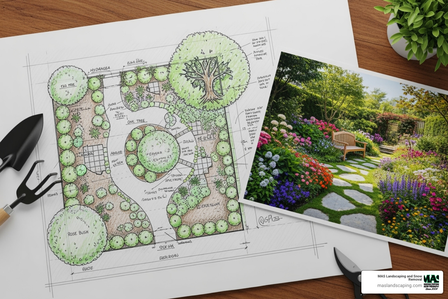 hand-drawn landscape design plan next to finished project - landscaping in malden ma