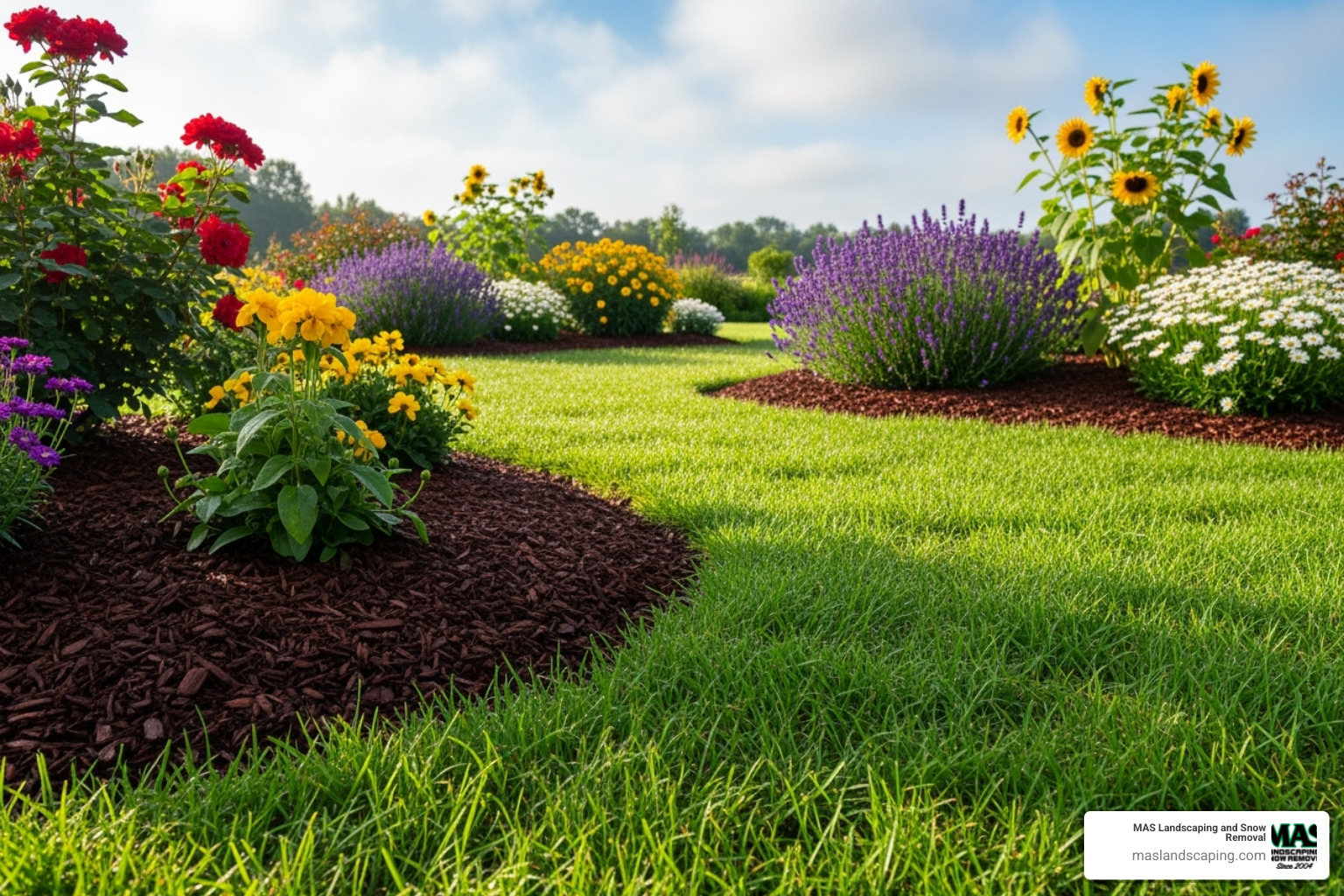 lush green lawn with mulched flower beds - landscaping in malden ma