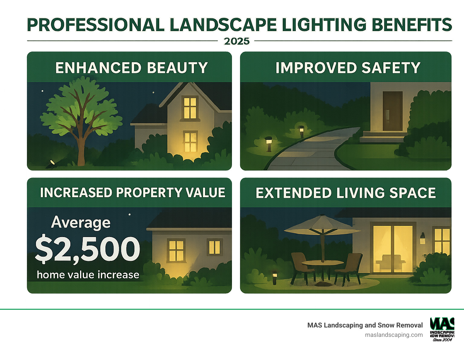 Professional landscape lighting benefits infographic showing four key advantages: Improved Beauty with uplighting trees and architectural features, Improved Safety with illuminated pathways and stairs, Increased Property Value with statistics showing average $2500 home value increase, and Extended Living Space with lit patios and outdoor entertainment areas - landscape lighting installation companies near me infographic Professional landscape lighting benefits infographic showing four key advantages: Improved Beauty with uplighting trees and architectural features, Improved Safety with illuminated pathways and stairs, Increased Property Value with statistics showing average $2500 home value increase, and Extended Living Space with lit patios and outdoor entertainment areas - landscape lighting installation companies near me infographic