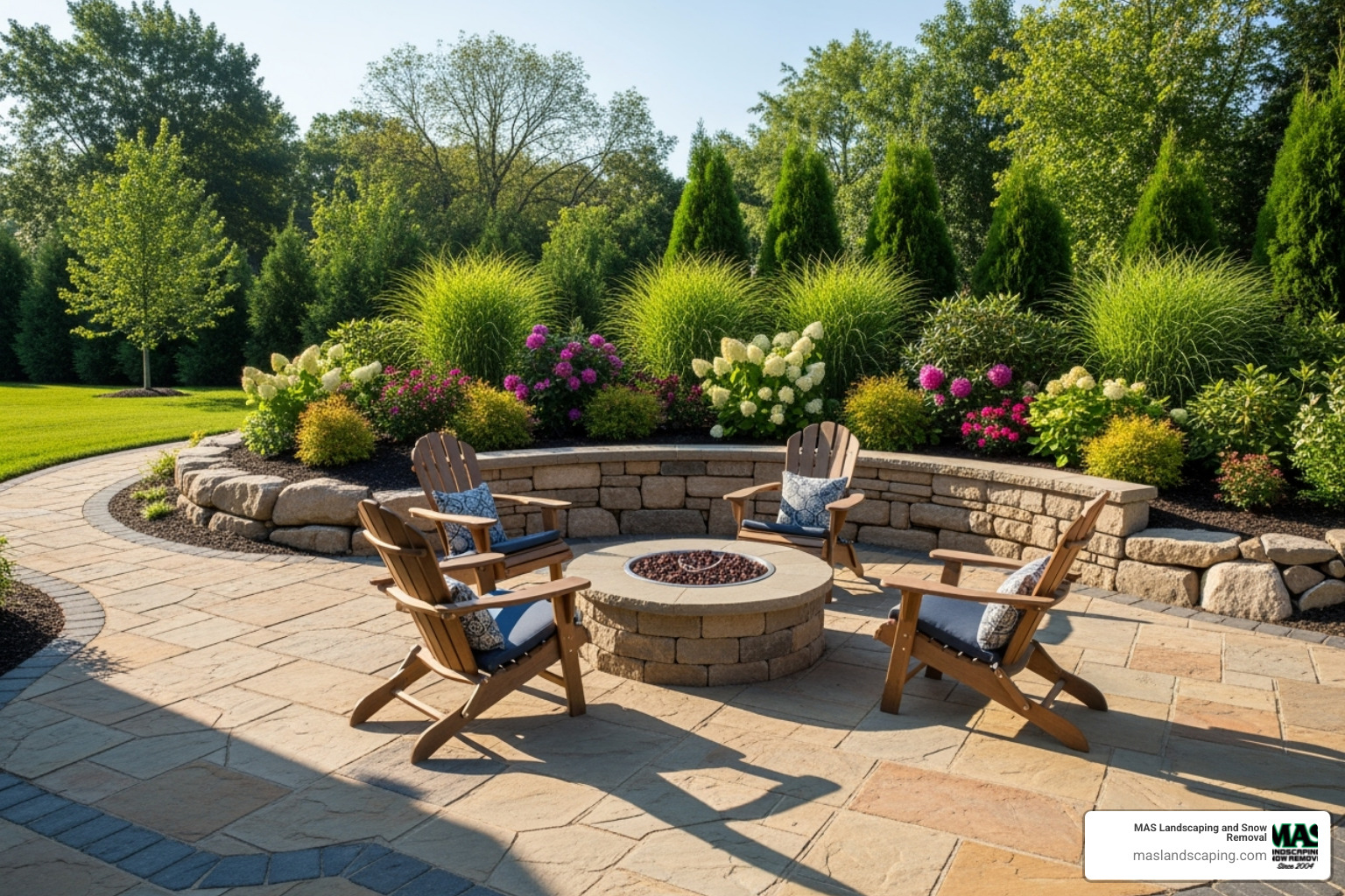 custom stone patio with a built-in fire pit and retaining wall - landscape installation near me
