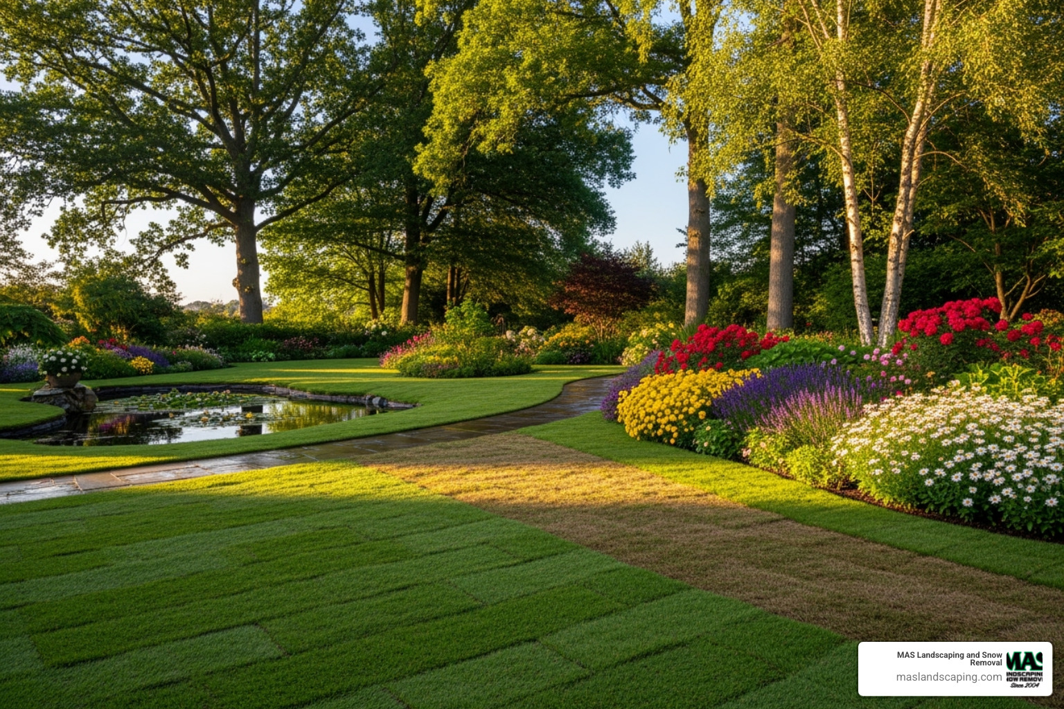 lush garden with new sod, trees, and flower beds - landscape installation near me