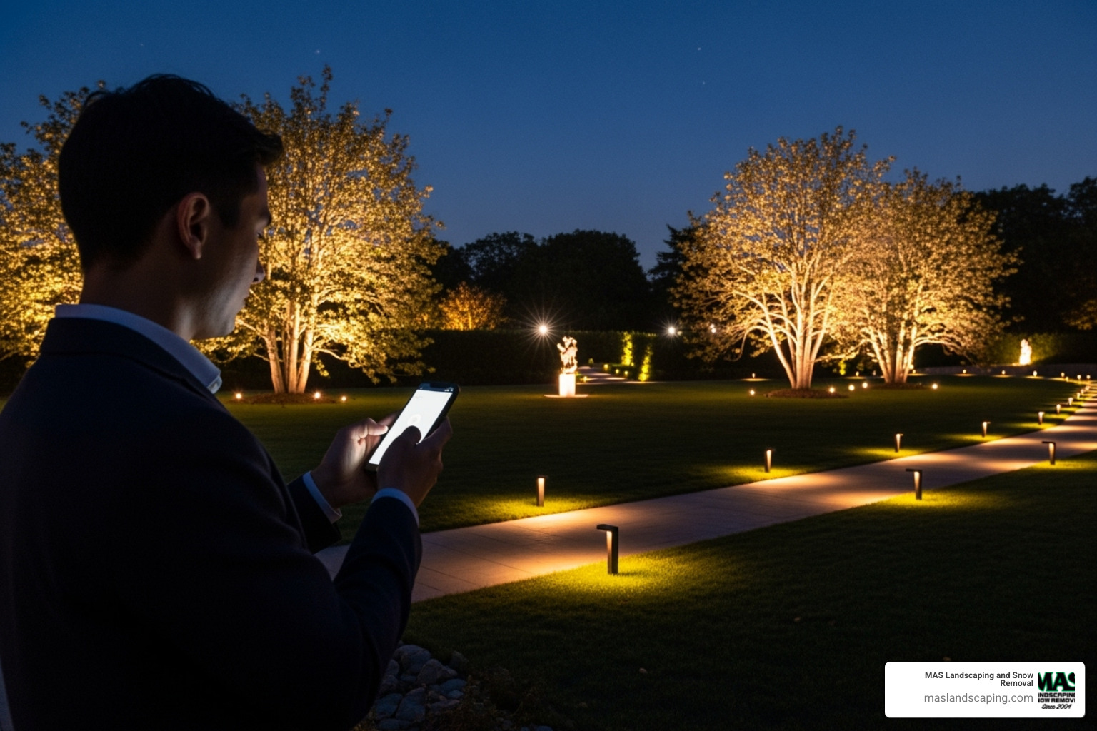 person using smartphone to control landscape lights - landscape lighting installers