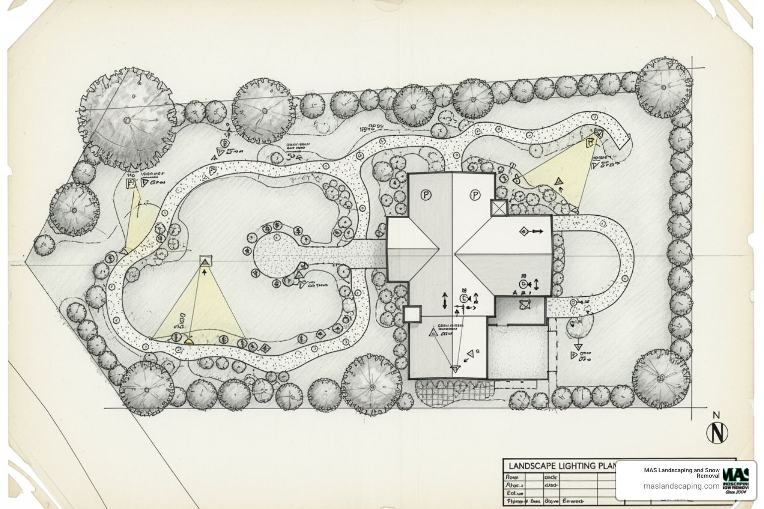 hand-drawn landscape lighting plan - landscape lighting installers