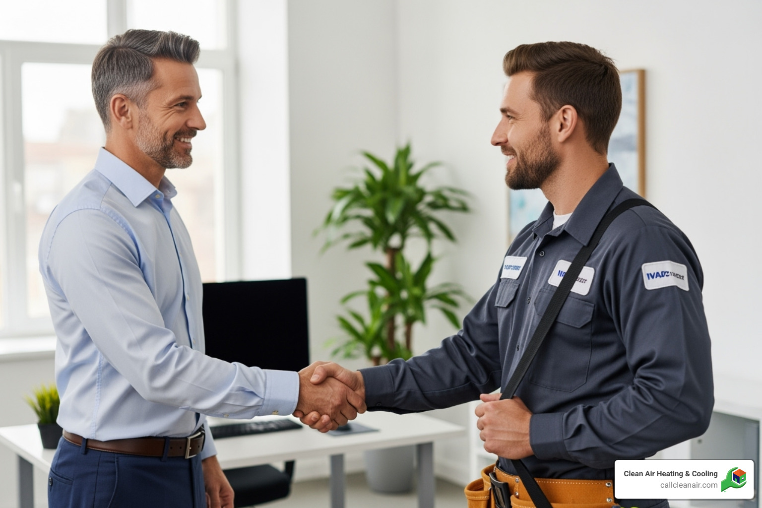 business owner shaking hands with a professional HVAC technician - commercial duct cleaning companies near me