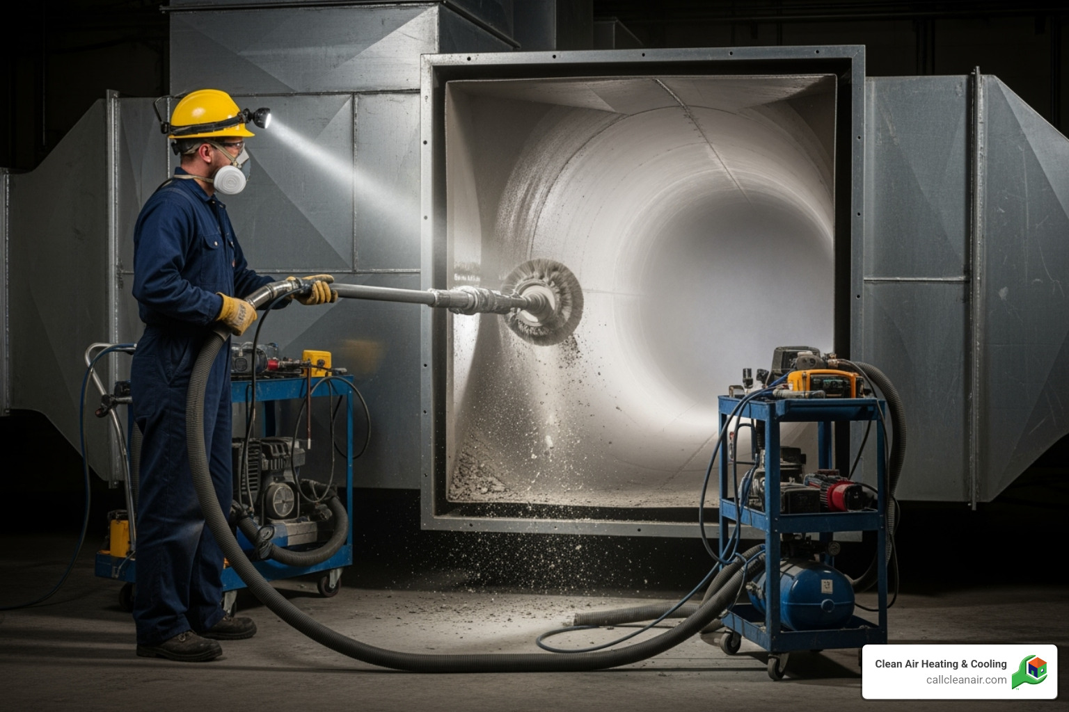 technician using specialized equipment on a large commercial duct system - commercial duct cleaning companies near me